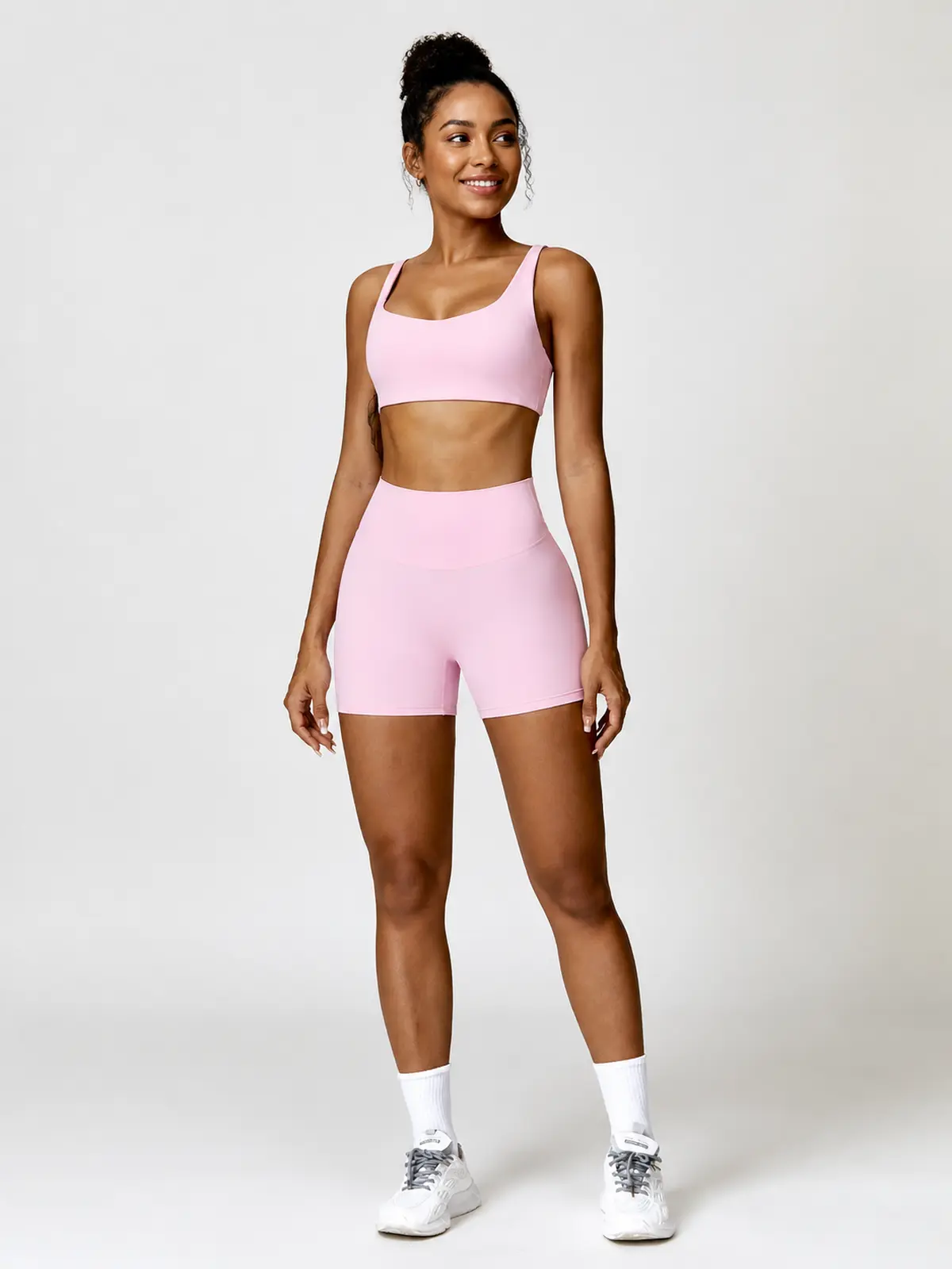 Vellum Drift Curved-Square-Neck Sports Bra and High-Rise Bike Shorts Set — light pink — general — authoritative variation match