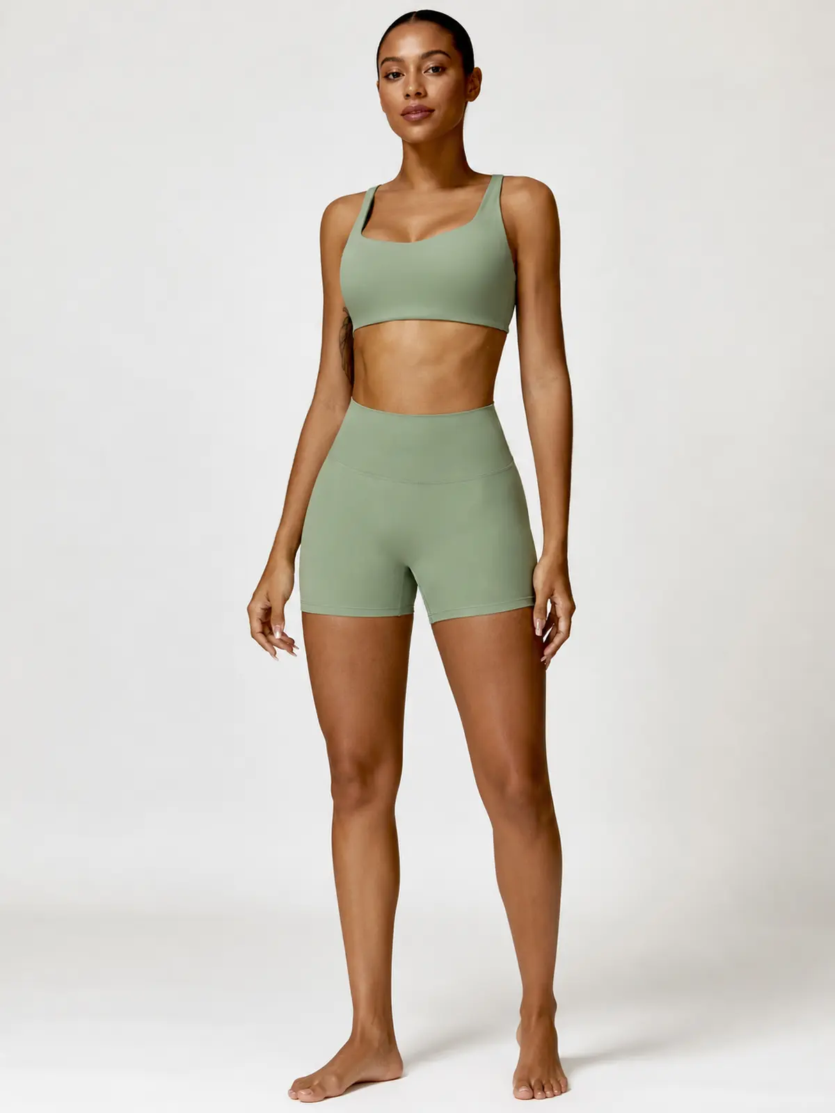 Vellum Drift Curved-Square-Neck Sports Bra and High-Rise Bike Shorts Set — sage green — general — authoritative variation image