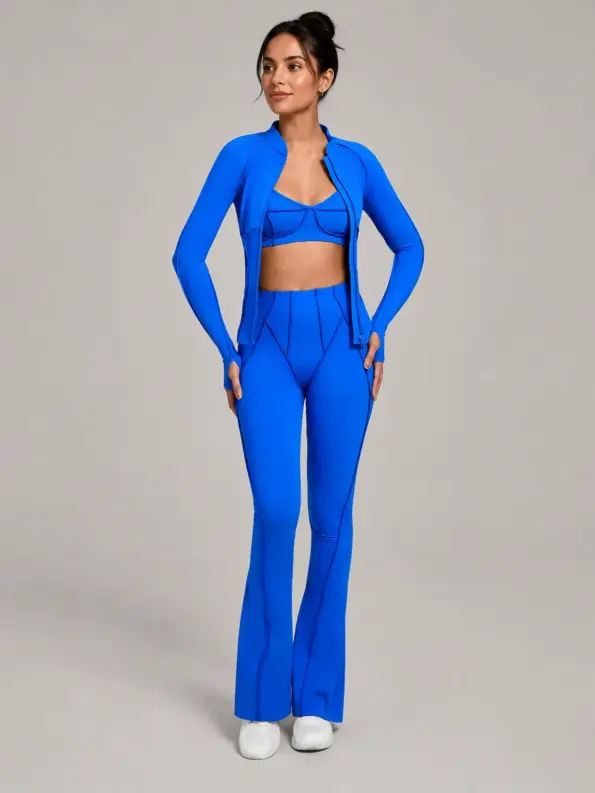Velora Arc Zip-Front Jacket, Sports Bra and Flare Leggings Set — royal blue — general — authoritative variation match