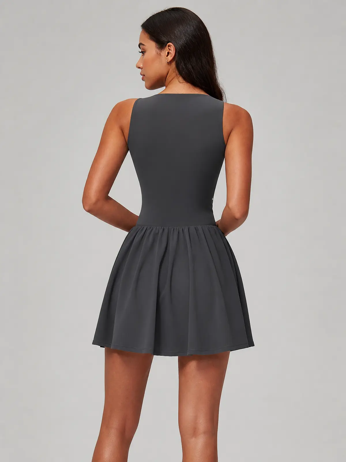 Velvet Dawn Deep-V Sleeveless Exercise Dress — dark charcoal gray — exercise-dress — authoritative variation match