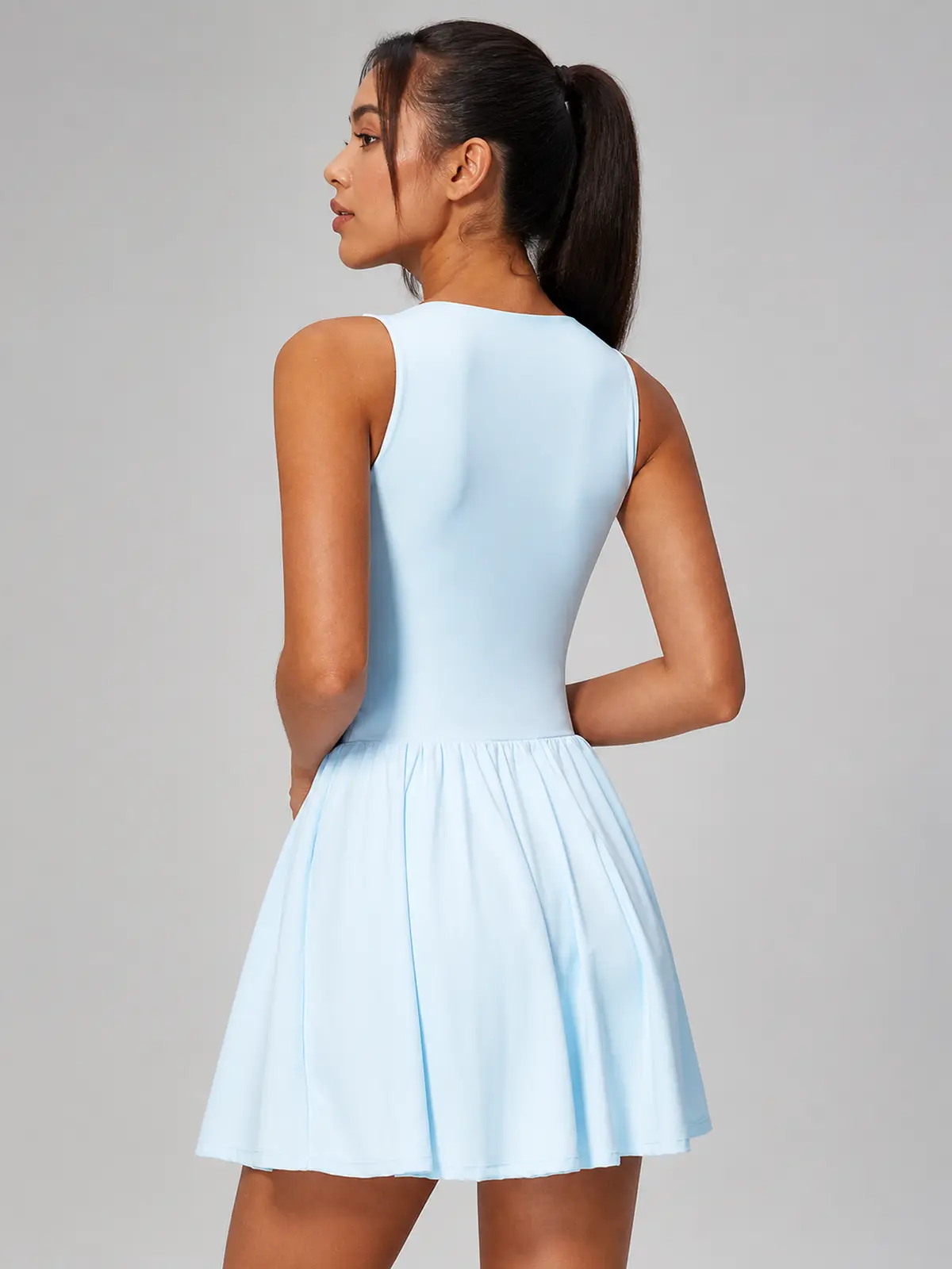 Velvet Dawn Deep-V Sleeveless Exercise Dress — light blue — exercise-dress — authoritative variation match