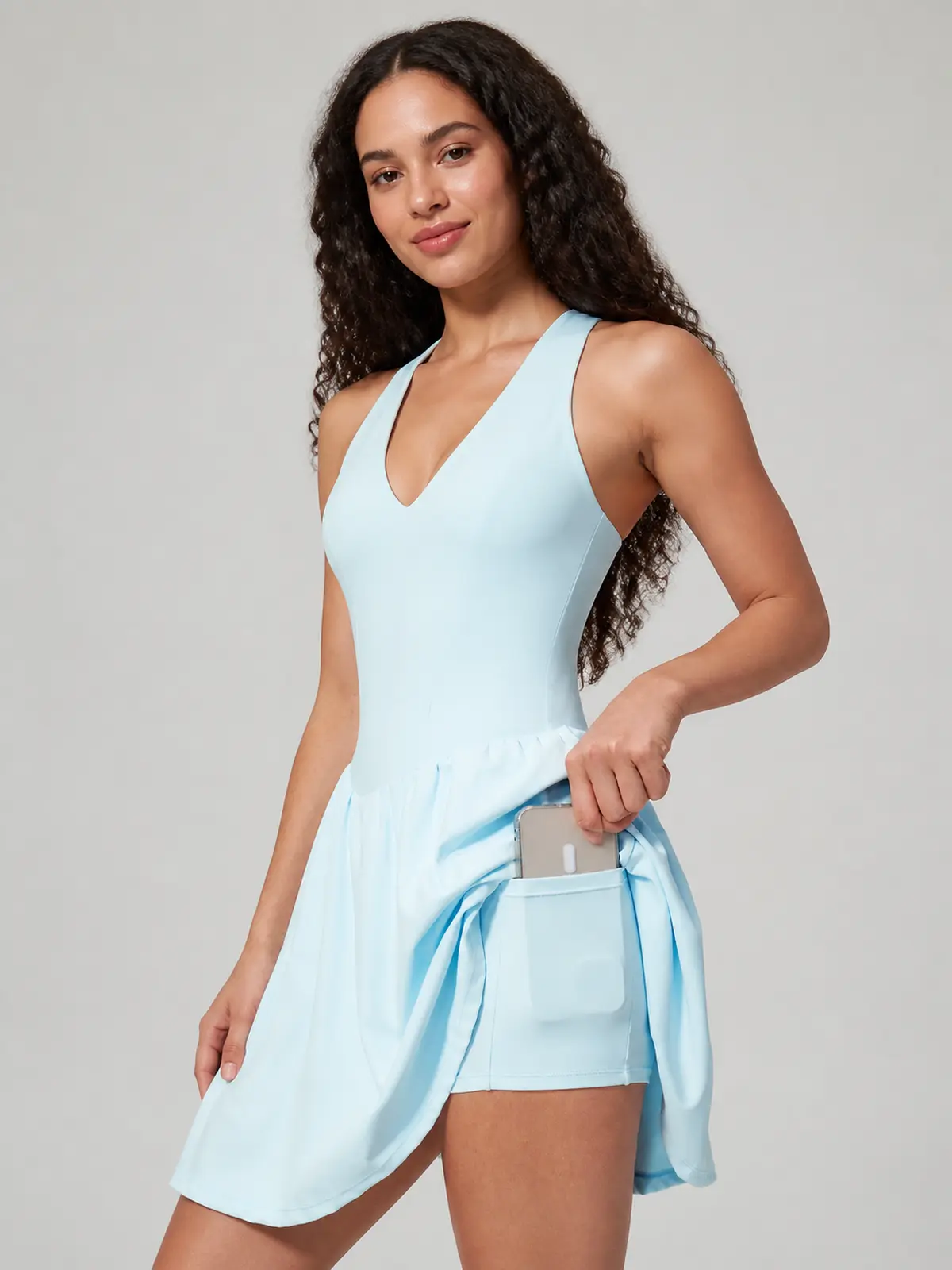 Velvet Dawn Deep-V Sleeveless Exercise Dress — light blue — exercise-dress — authoritative variation match