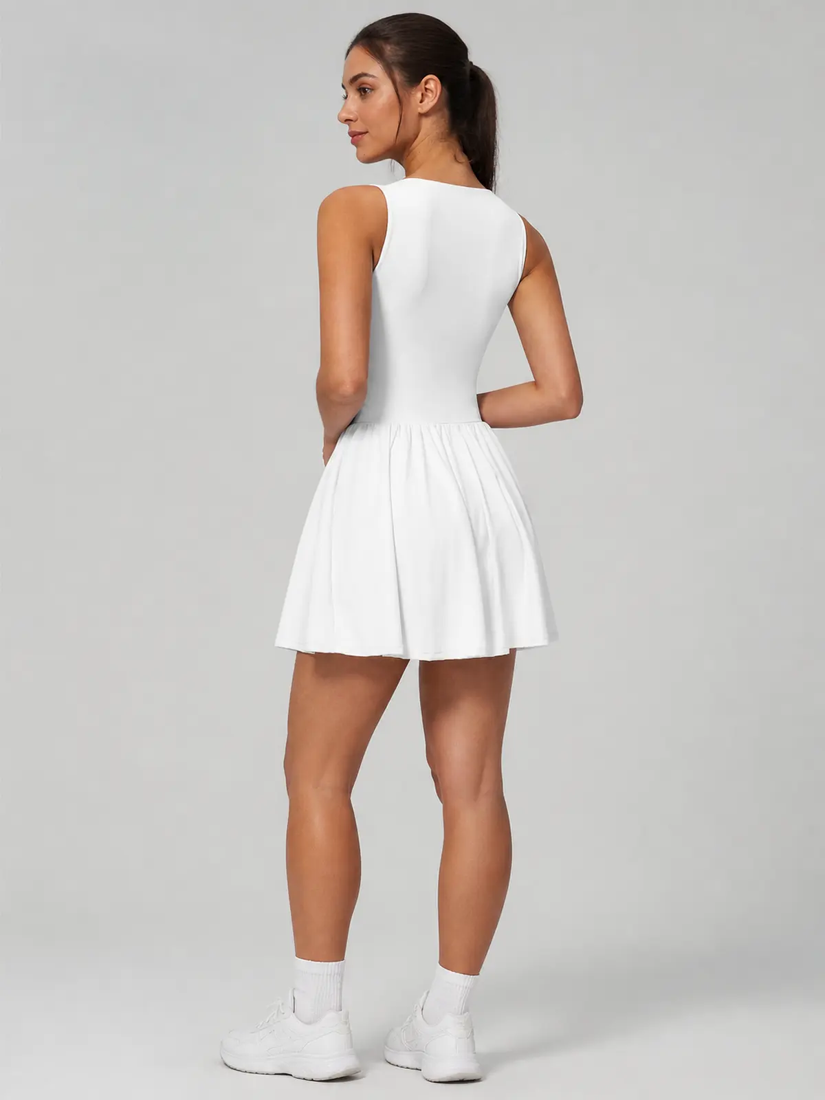 Velvet Dawn Deep-V Sleeveless Exercise Dress — white — exercise-dress — authoritative variation match