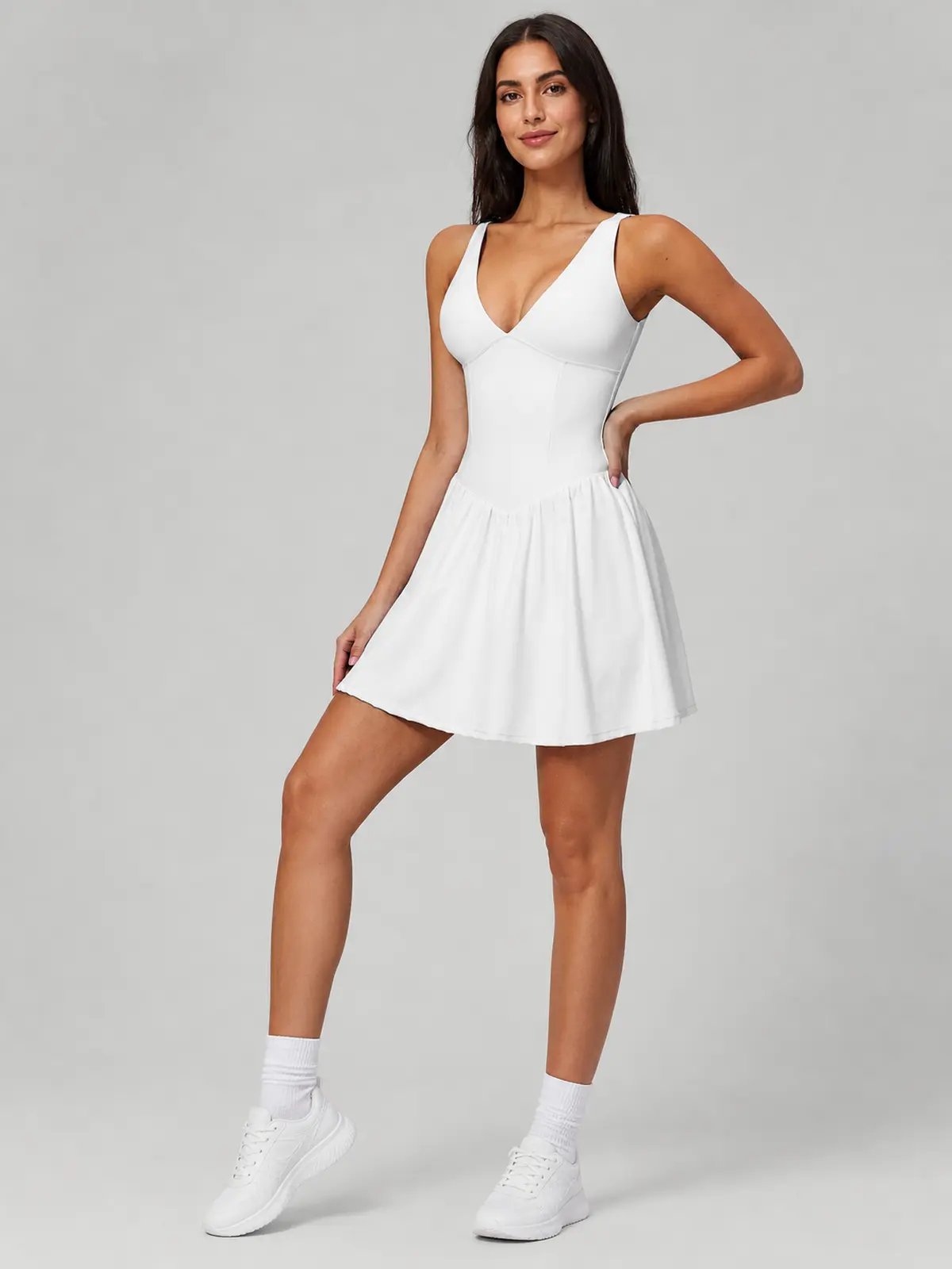 Velvet Dawn Deep-V Sleeveless Exercise Dress — white — exercise-dress — authoritative variation match