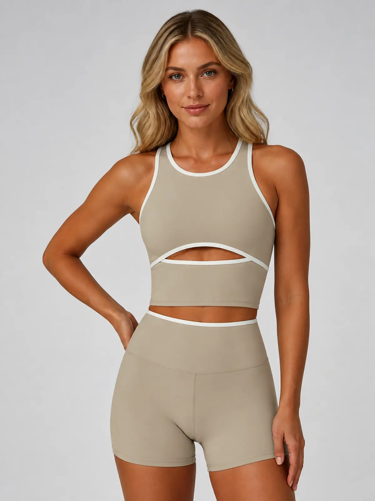 Velvet Dune Contrast-Trim Crop Top — light beige/taupe with white contrast trim — general — authoritative variation match