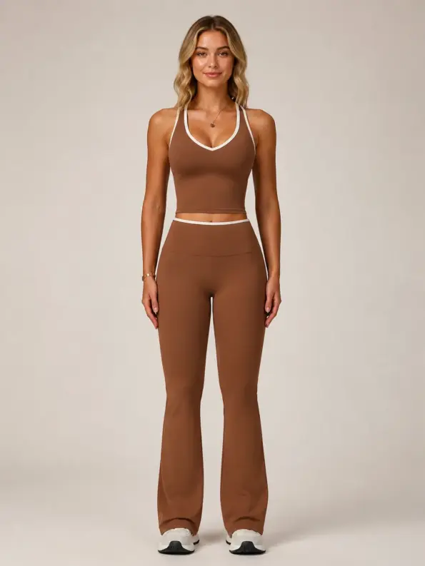 Velvet Harbor Tank Top and Flare Leggings Set — tea brown with white contrast trim — general — authoritative variation match