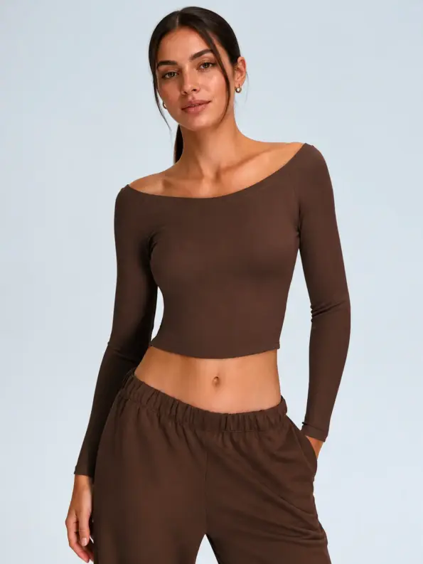 Velvet Meridian Off-Shoulder Long-Sleeve Crop Top — deep coffee brown — crop-top — authoritative variation match