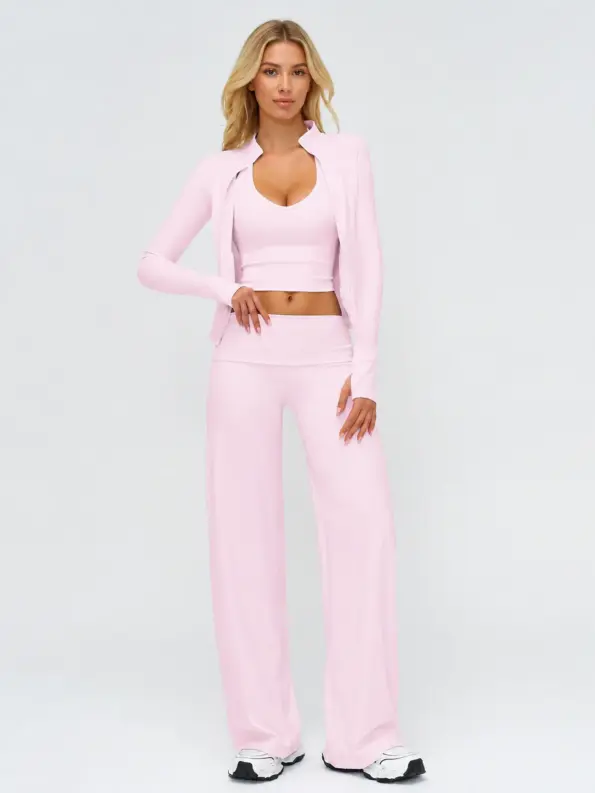 Velvet Route Zip-Front Jacket, Tank Top and Wide-Leg Pants Set — light cherry pink — general — authoritative variation image