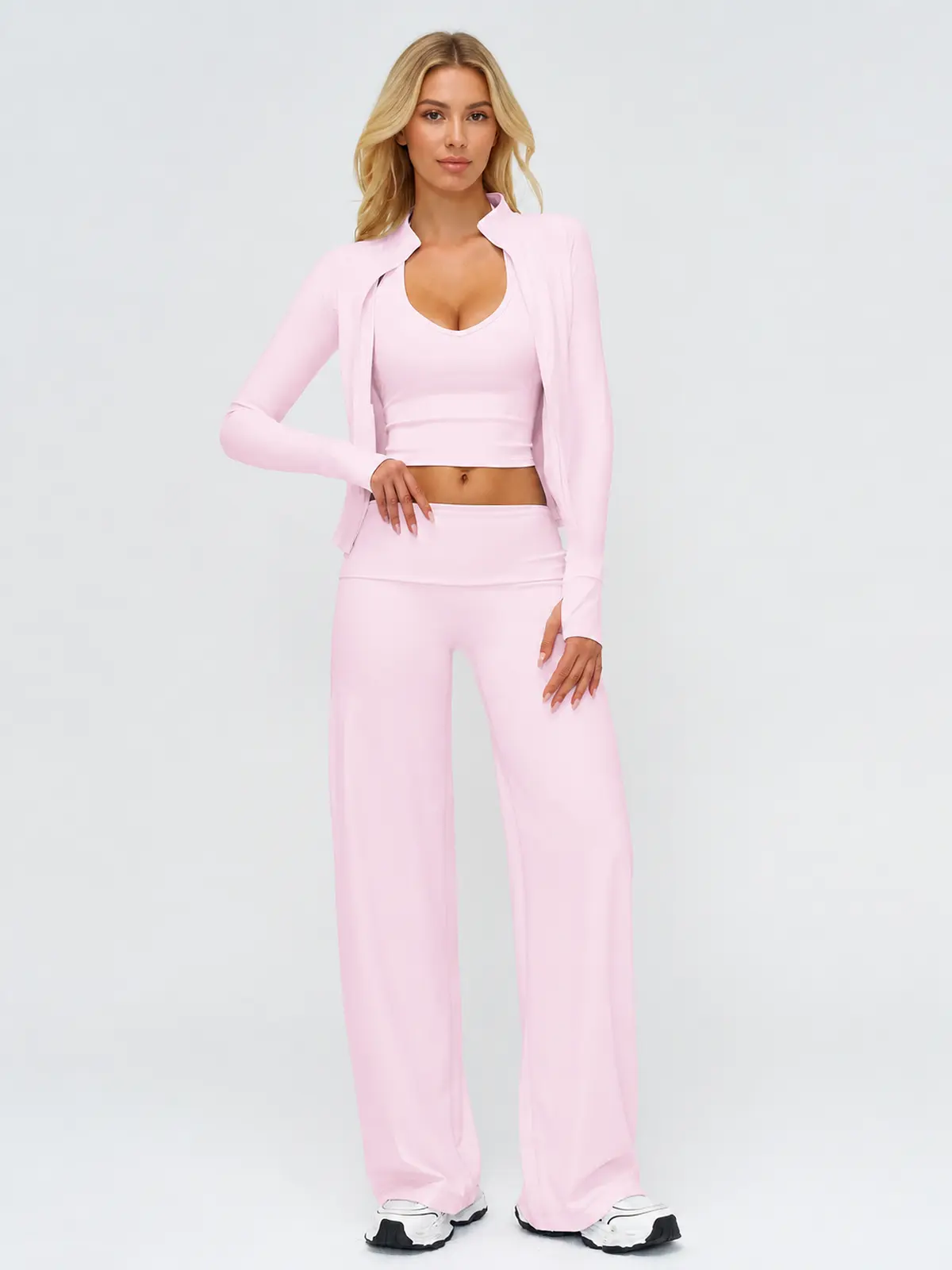 Velvet Route Zip-Front Jacket, Tank Top and Wide-Leg Pants Set — light cherry pink — general — authoritative variation image