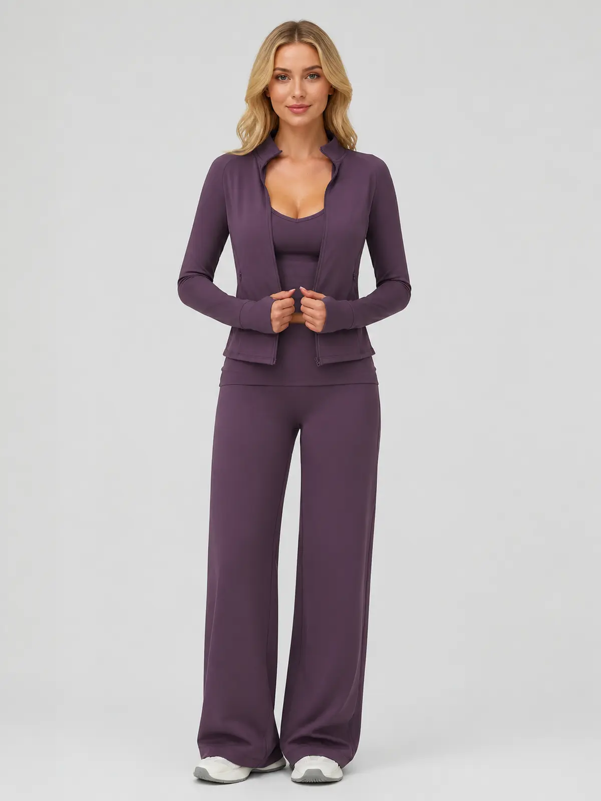 Velvet Route Zip-Front Jacket, Tank Top and Wide-Leg Pants Set — studio portrait