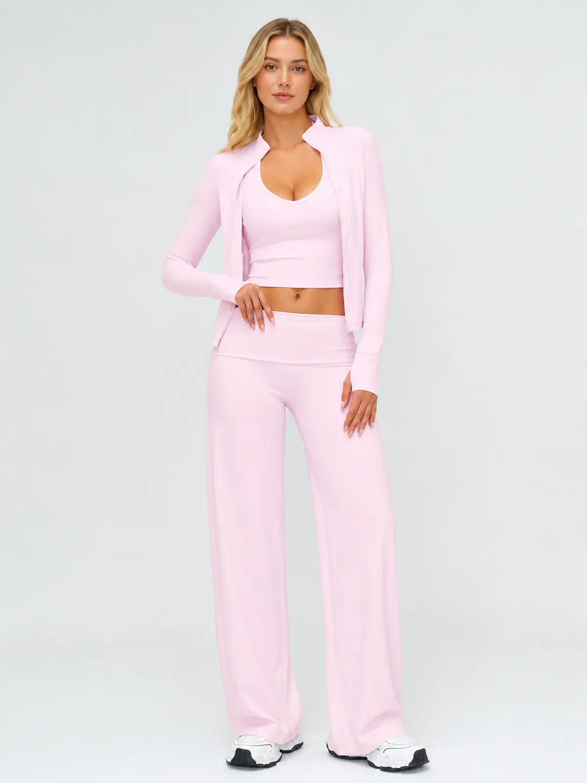 Velvet Route Zip-Front Jacket, Tank Top and Wide-Leg Pants Set — studio portrait