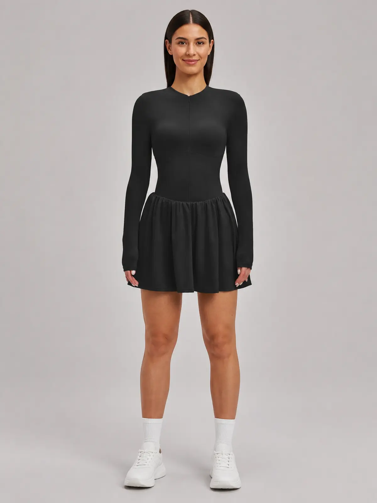 Verdant Lilt Long-Sleeve Zip-Front Exercise Dress — black — exercise-dress — authoritative variation image