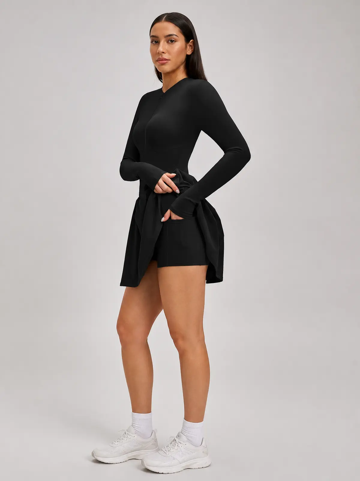 Verdant Lilt Long-Sleeve Zip-Front Exercise Dress — black — exercise-dress — authoritative variation match