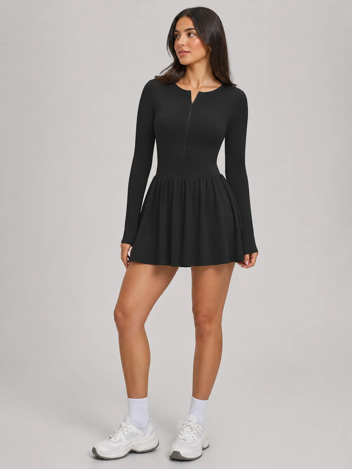 Verdant Lilt Long-Sleeve Zip-Front Exercise Dress — black — exercise-dress — authoritative variation match