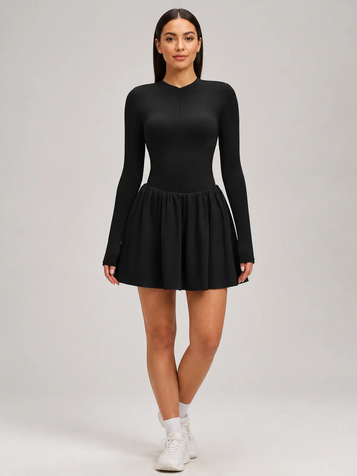Verdant Lilt Long-Sleeve Zip-Front Exercise Dress — black — exercise-dress — authoritative variation match