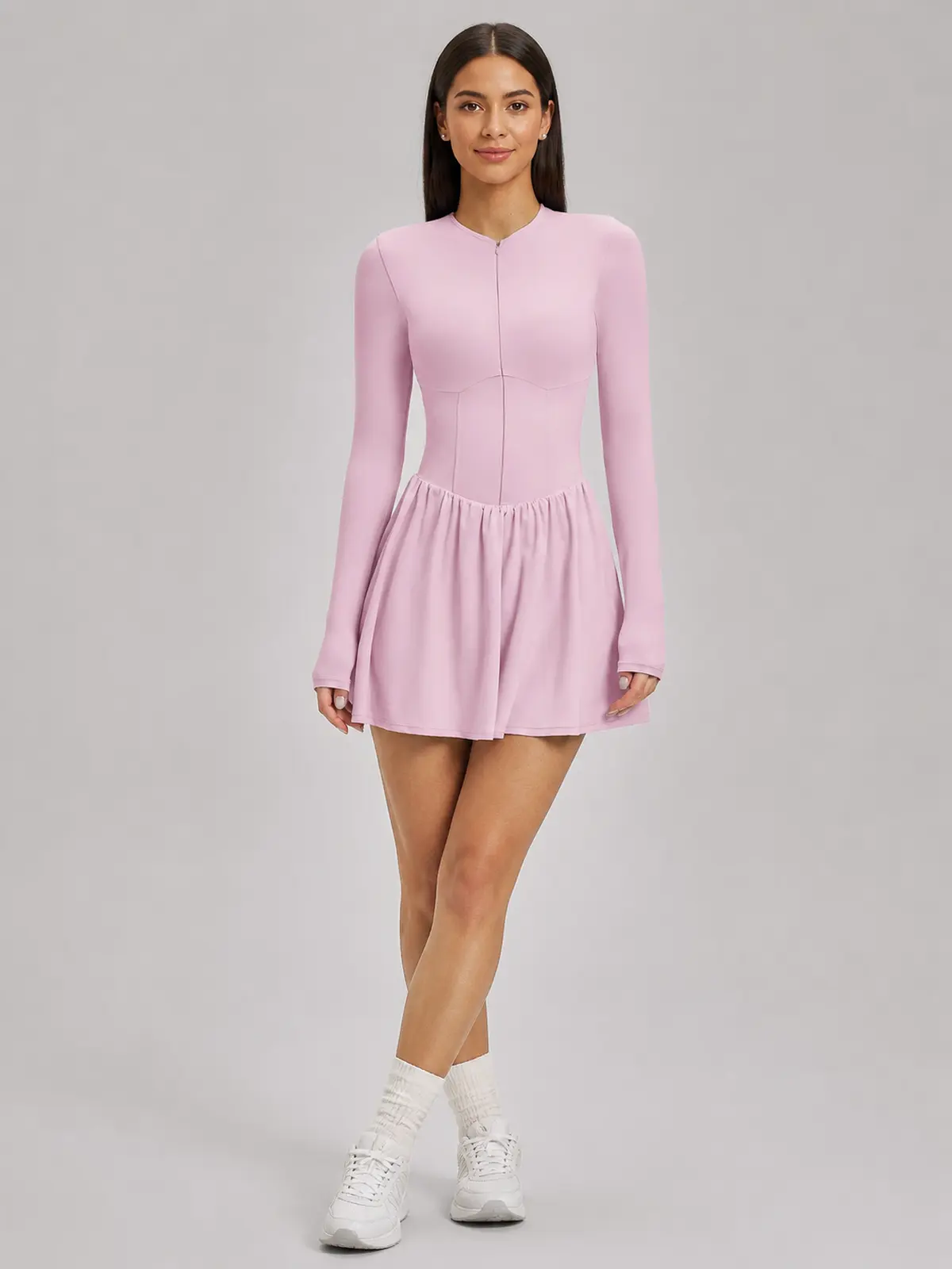 Verdant Lilt Long-Sleeve Zip-Front Exercise Dress — light pink — exercise-dress — authoritative variation image