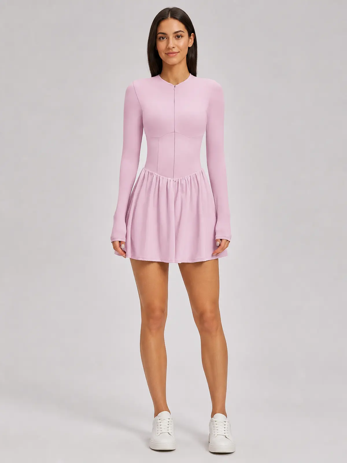 Verdant Lilt Long-Sleeve Zip-Front Exercise Dress — light pink — exercise-dress — authoritative variation match