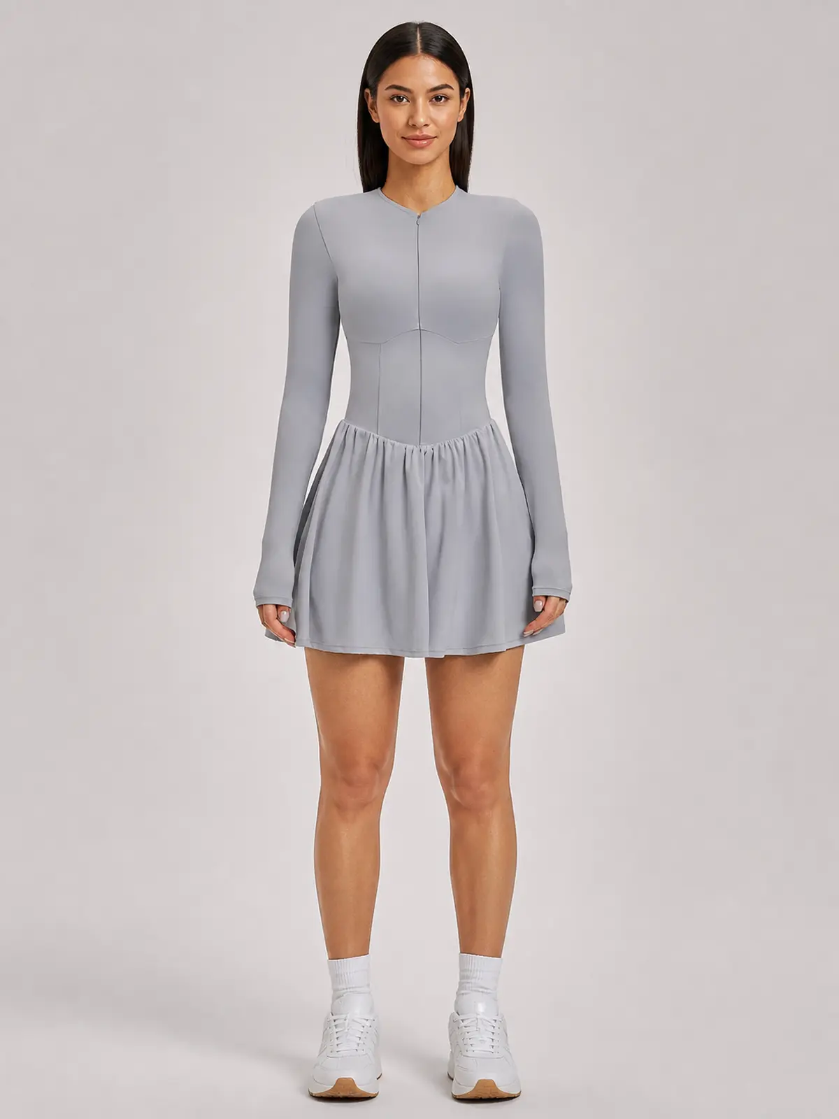 Verdant Lilt Long-Sleeve Zip-Front Exercise Dress — light silver gray — exercise-dress — authoritative variation image