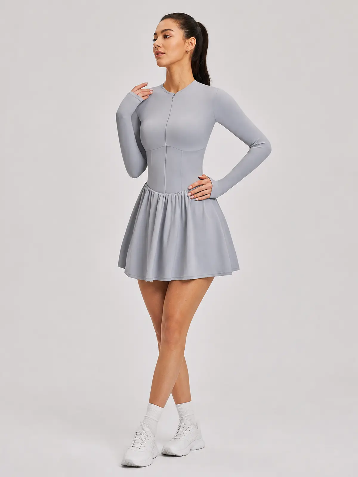 Verdant Lilt Long-Sleeve Zip-Front Exercise Dress — light silver gray — exercise-dress — authoritative variation match