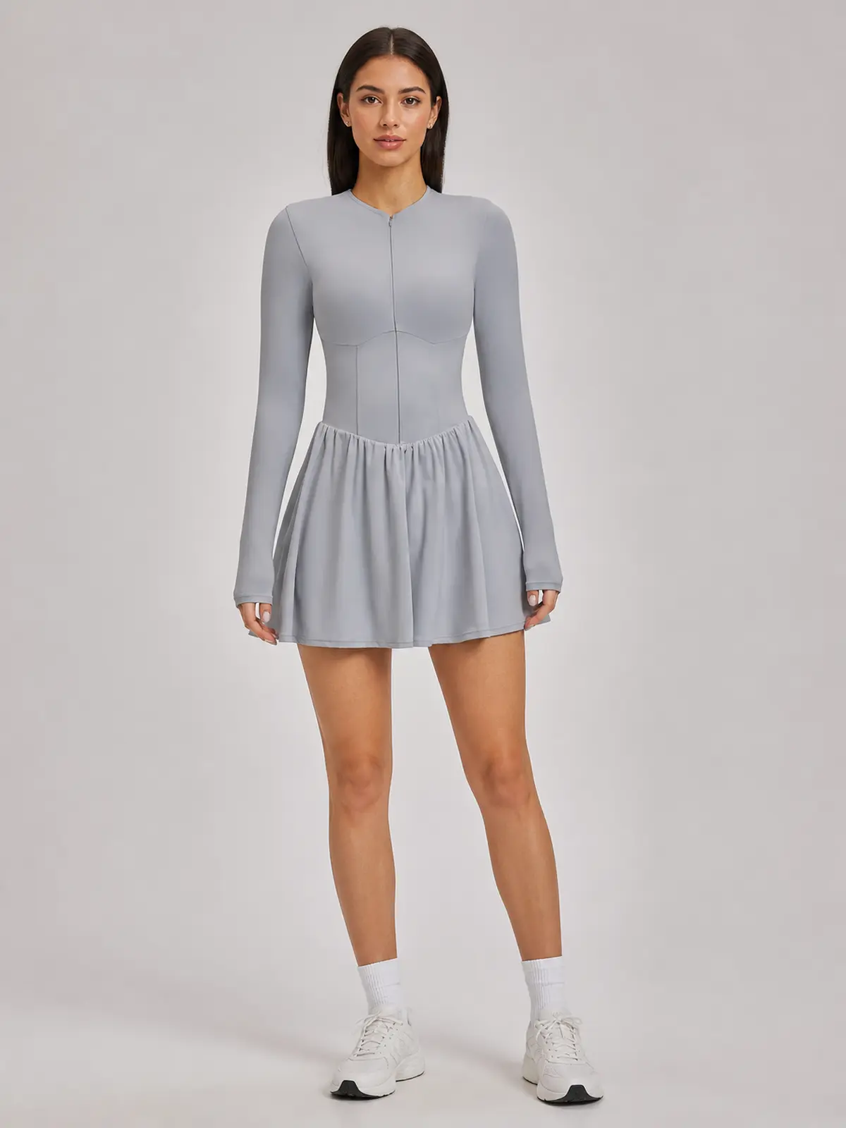 Verdant Lilt Long-Sleeve Zip-Front Exercise Dress — light silver gray — exercise-dress — authoritative variation match