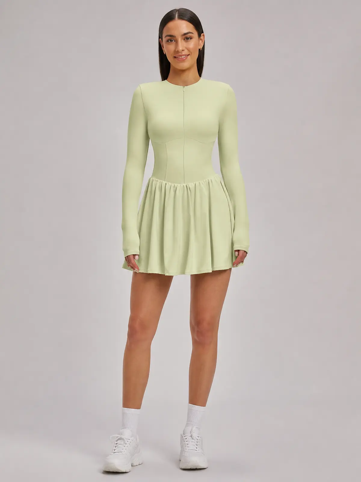 Verdant Lilt Long-Sleeve Zip-Front Exercise Dress — pale cream green — exercise-dress — authoritative variation image