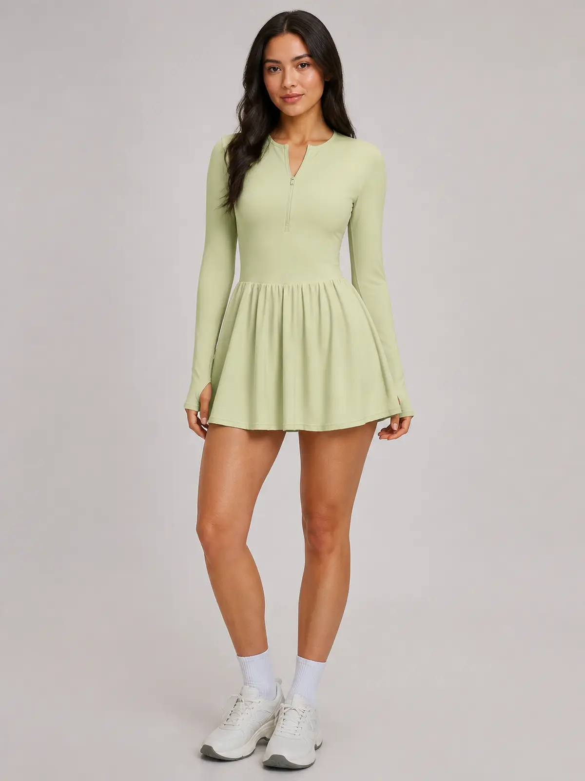 Verdant Lilt Long-Sleeve Zip-Front Exercise Dress — pale cream green — exercise-dress — authoritative variation match
