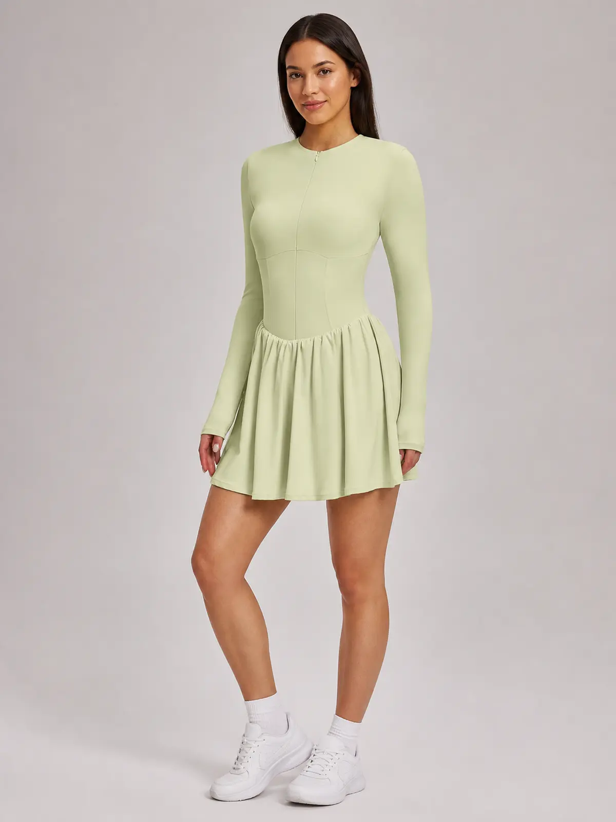 Verdant Lilt Long-Sleeve Zip-Front Exercise Dress — pale cream green — exercise-dress — authoritative variation match