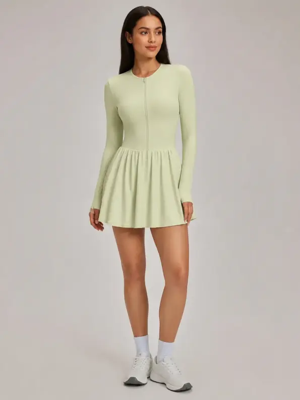 Verdant Lilt Long-Sleeve Zip-Front Exercise Dress — pale cream green — exercise-dress — authoritative variation match