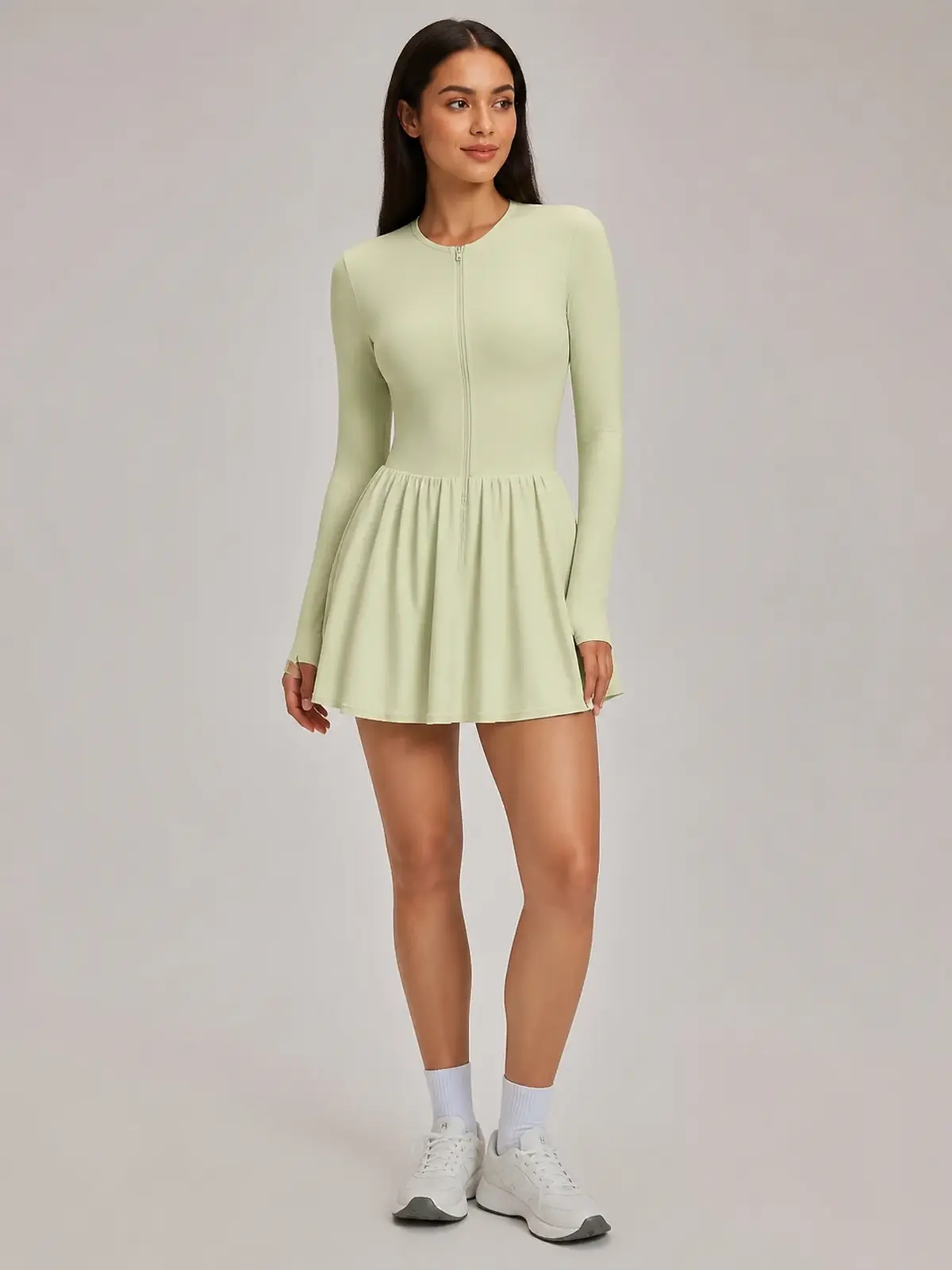 Verdant Lilt Long-Sleeve Zip-Front Exercise Dress — pale cream green — exercise-dress — authoritative variation match