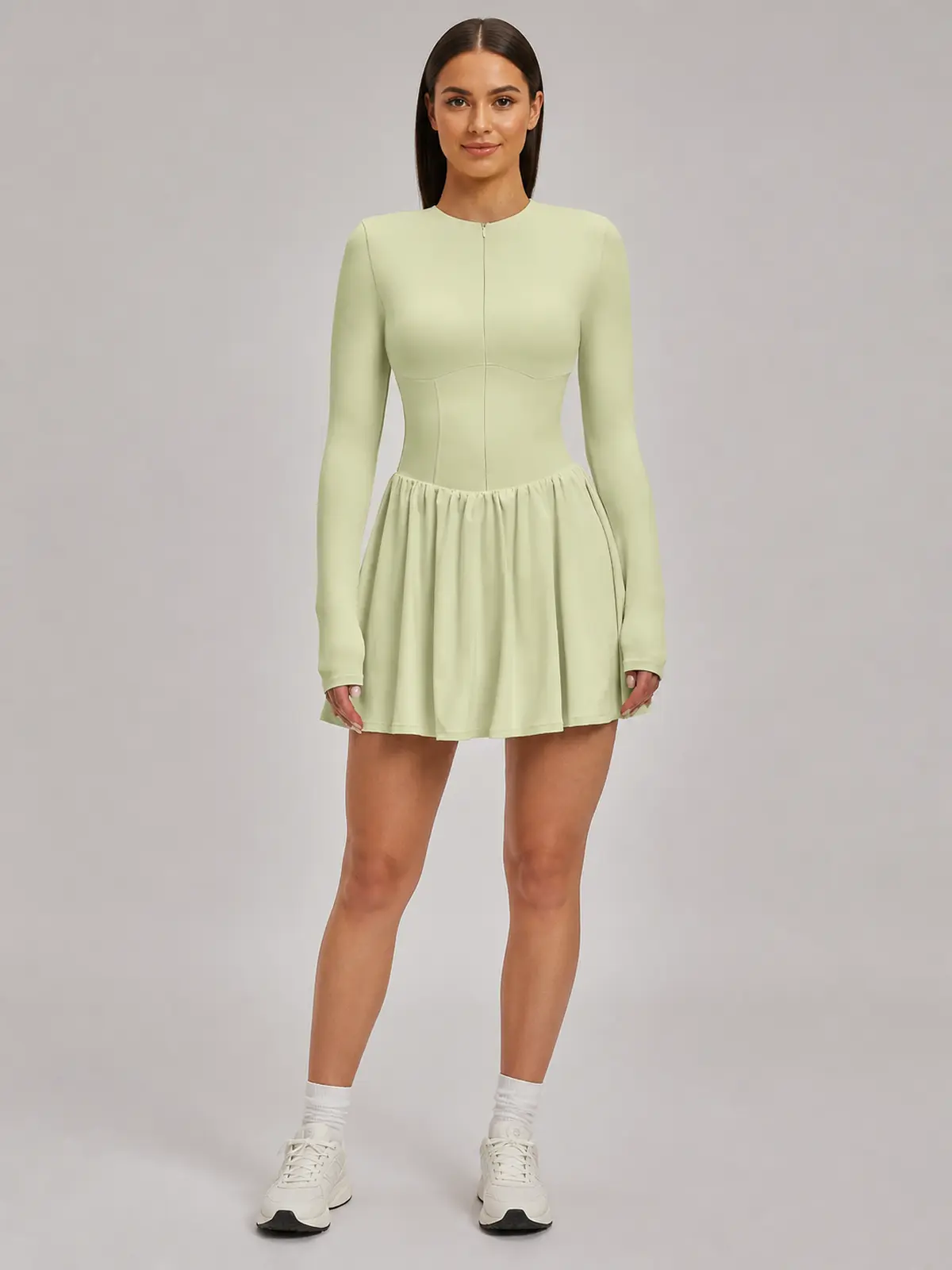 Verdant Lilt Long-Sleeve Zip-Front Exercise Dress — pale cream green — exercise-dress — authoritative variation match