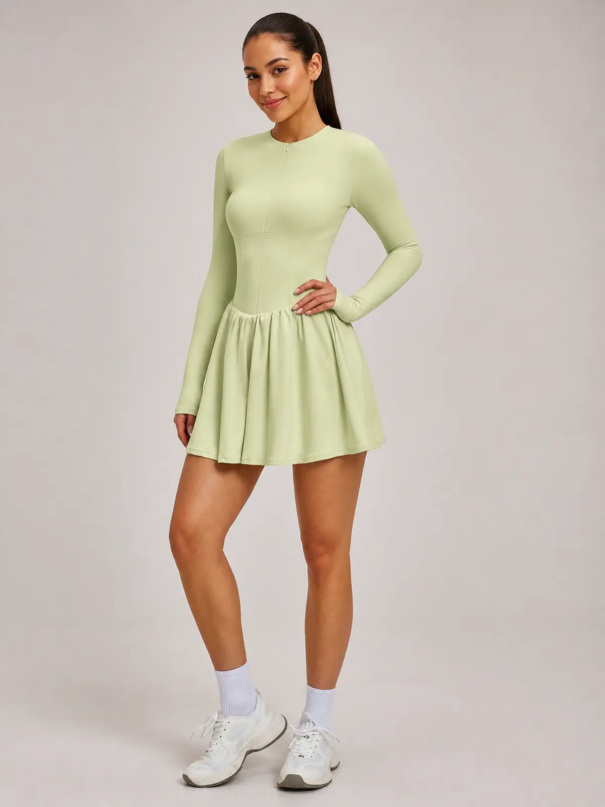 Verdant Lilt Long-Sleeve Zip-Front Exercise Dress — pale cream green — exercise-dress — authoritative variation match