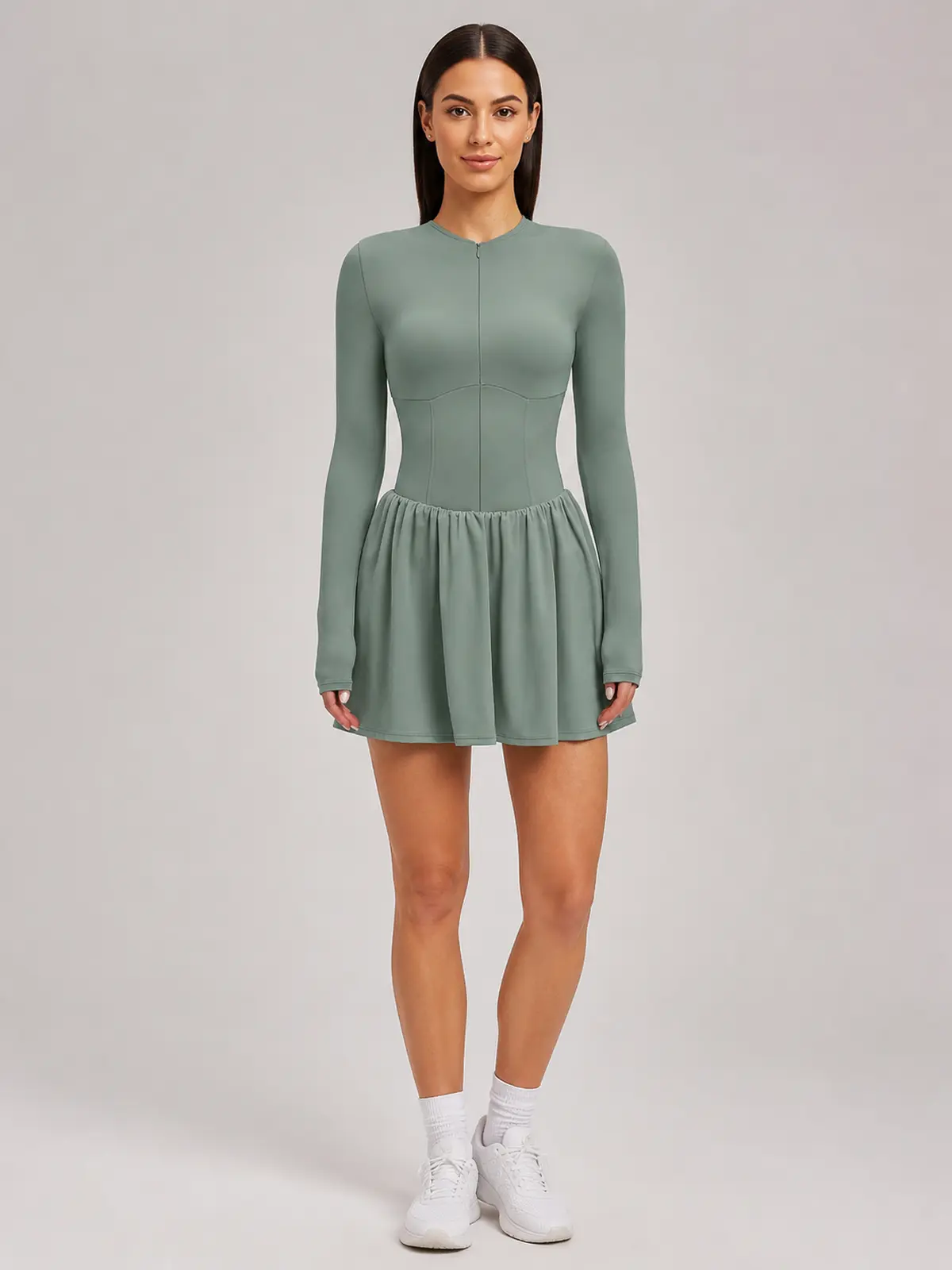 Verdant Lilt Long-Sleeve Zip-Front Exercise Dress — sage green — exercise-dress — authoritative variation image