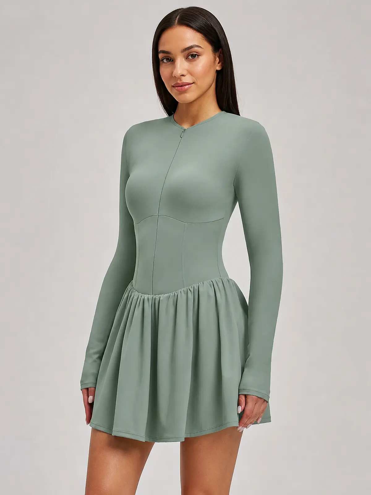 Verdant Lilt Long-Sleeve Zip-Front Exercise Dress — sage green — exercise-dress — authoritative variation match