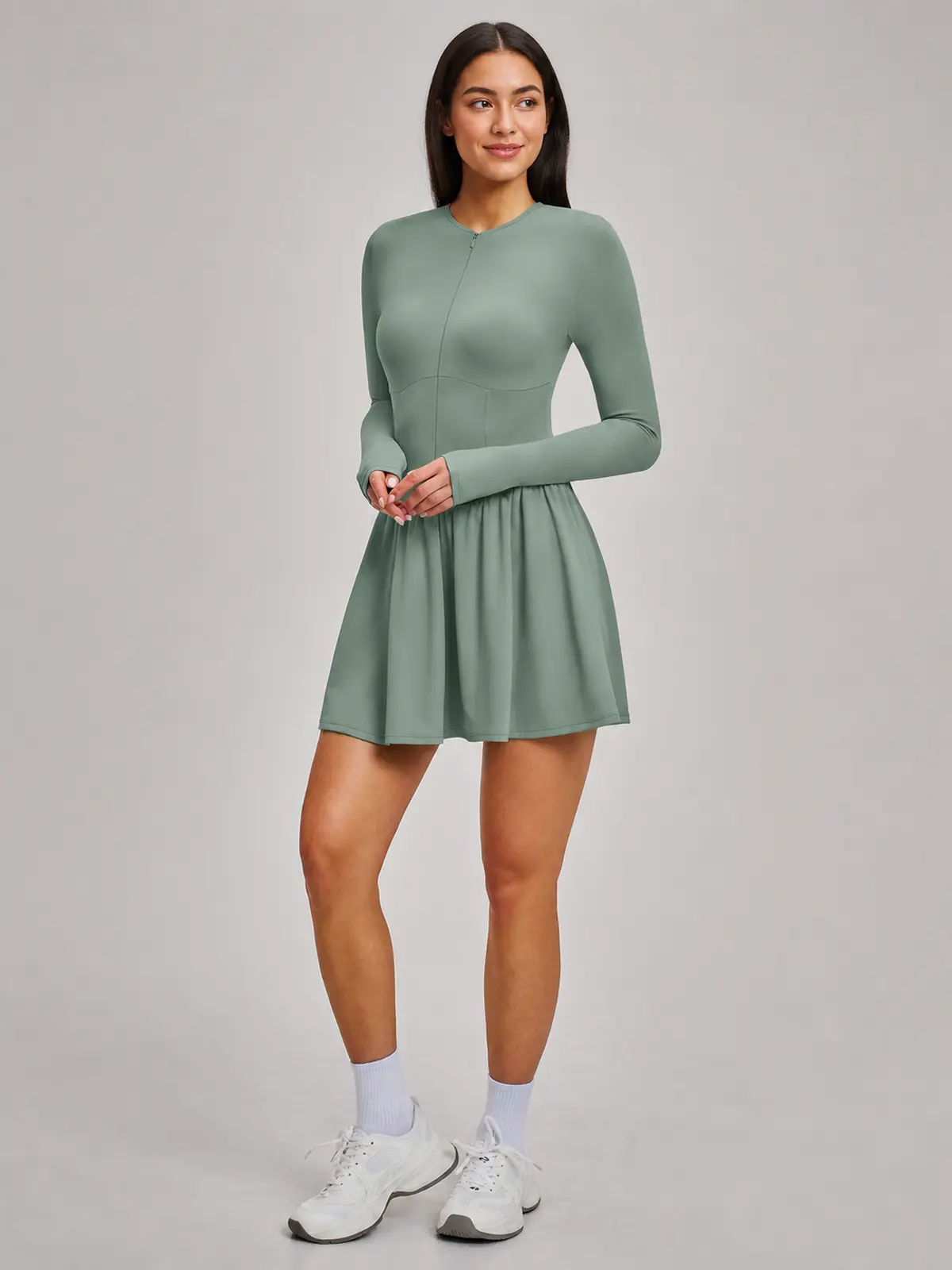 Verdant Lilt Long-Sleeve Zip-Front Exercise Dress — sage green — exercise-dress — authoritative variation match