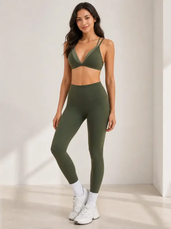 Verdant Passage V-Neck Sports Bra and Full-Length Leggings Set — moss green — general — authoritative variation match