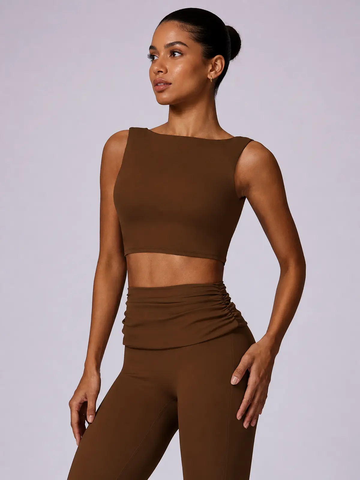 Verdigris Poem Low-Back Sports Bra — brown — general — authoritative variation match