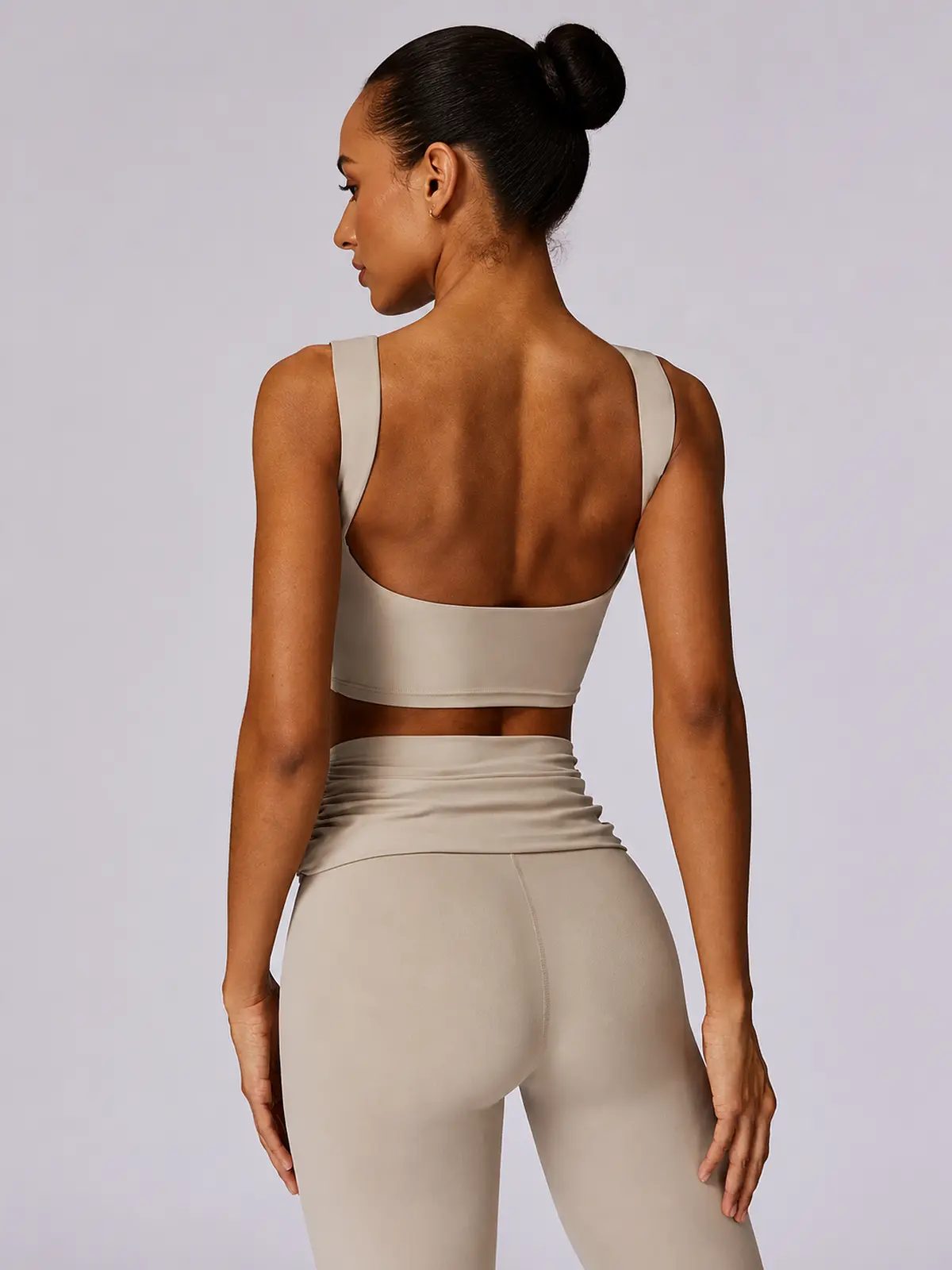 Verdigris Poem Low-Back Sports Bra — light beige — general — authoritative variation match