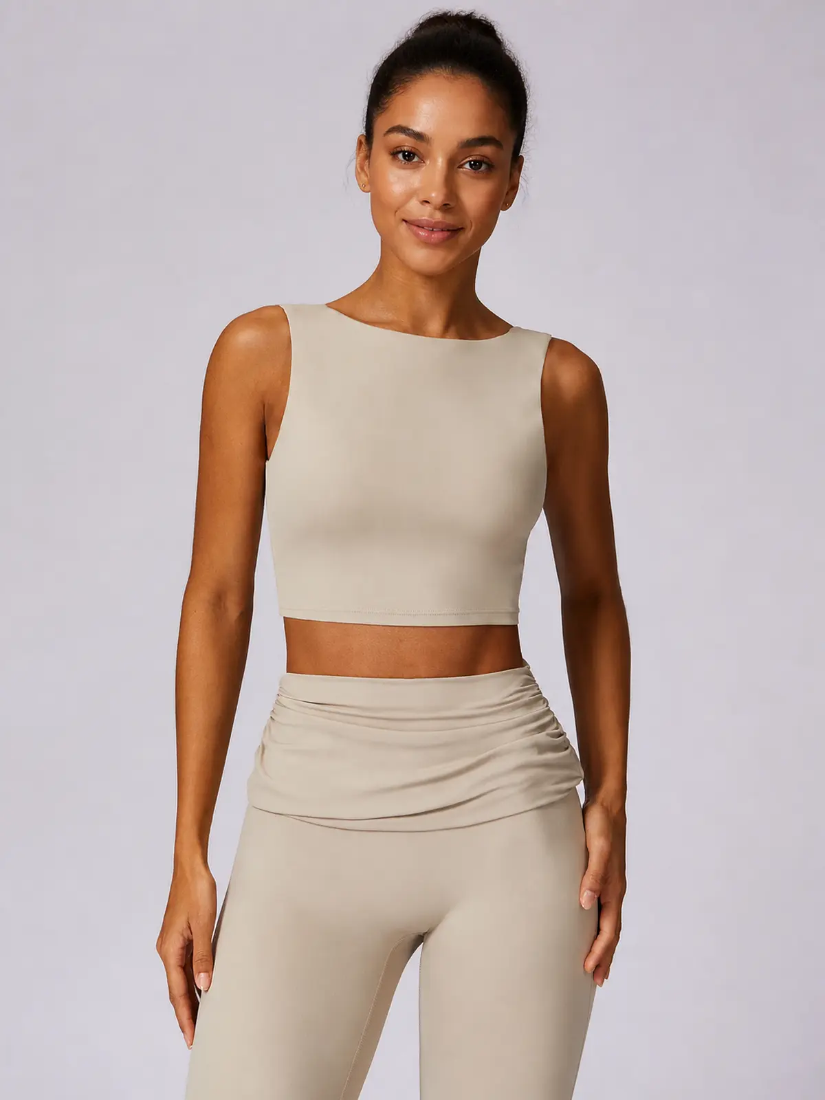 Verdigris Poem Low-Back Sports Bra — light beige — general — authoritative variation match