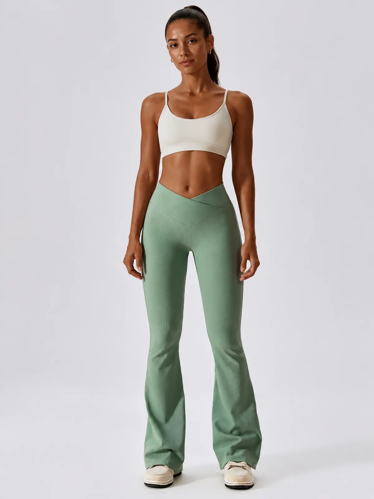 Verve Ledger High-Rise Crossover Flare Leggings — basil green — flare-leggings — authoritative variation match