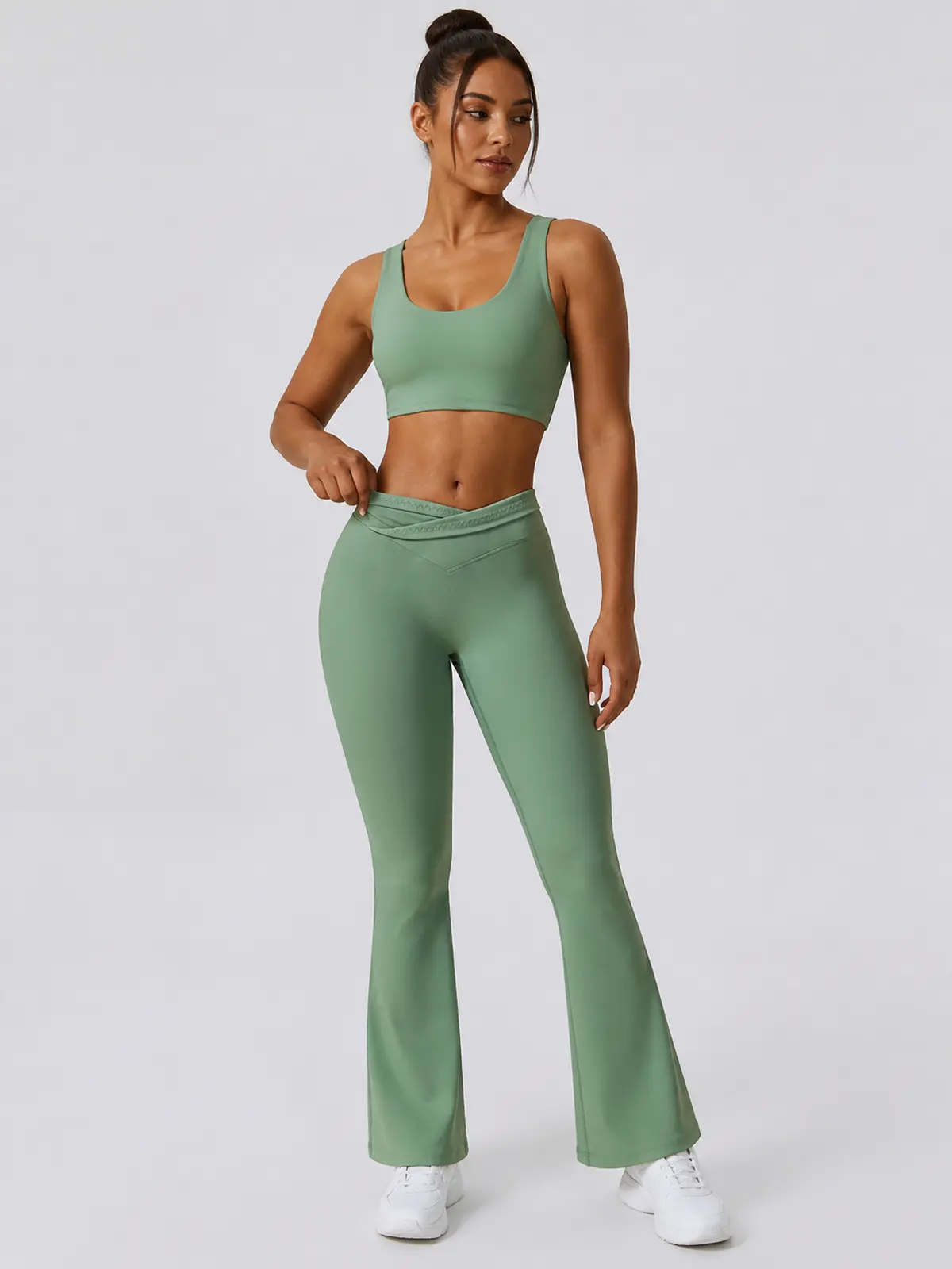 Verve Ledger High-Rise Crossover Flare Leggings — basil green — flare-leggings — authoritative variation match