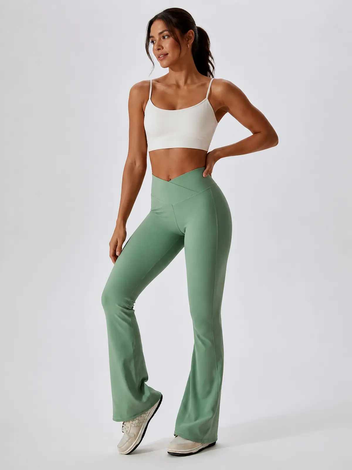 Verve Ledger High-Rise Crossover Flare Leggings — basil green — flare-leggings — authoritative variation match
