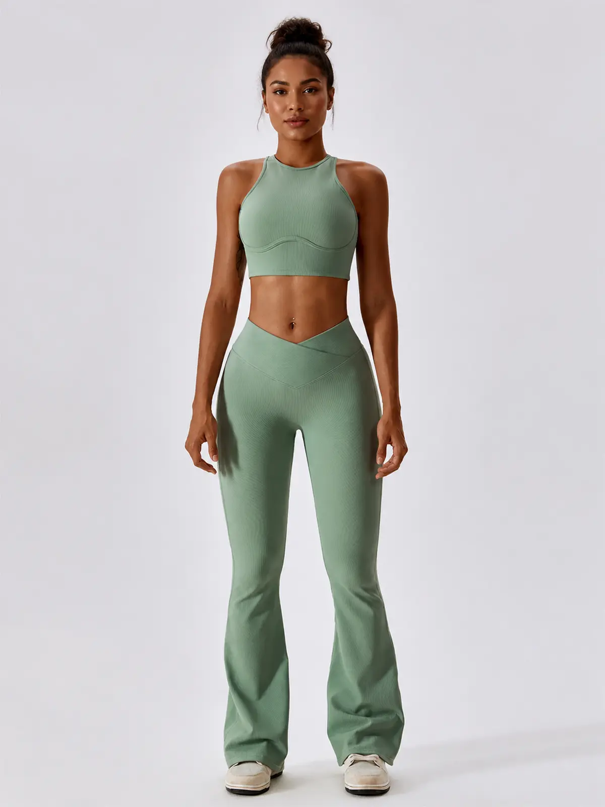 Verve Ledger High-Rise Crossover Flare Leggings — basil green — general — authoritative variation match