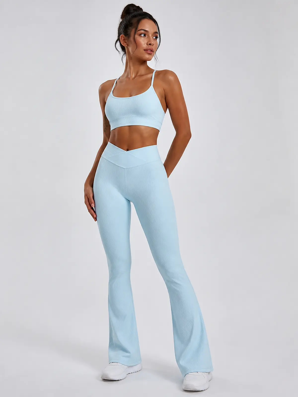 Verve Ledger High-Rise Crossover Flare Leggings — sky blue — flare-leggings — authoritative variation match