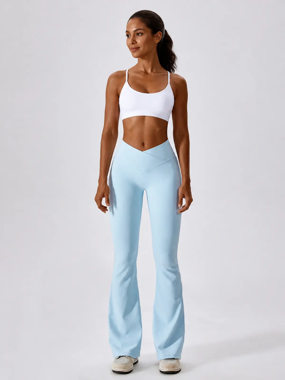 Verve Ledger High-Rise Crossover Flare Leggings — sky blue — flare-leggings — authoritative variation match