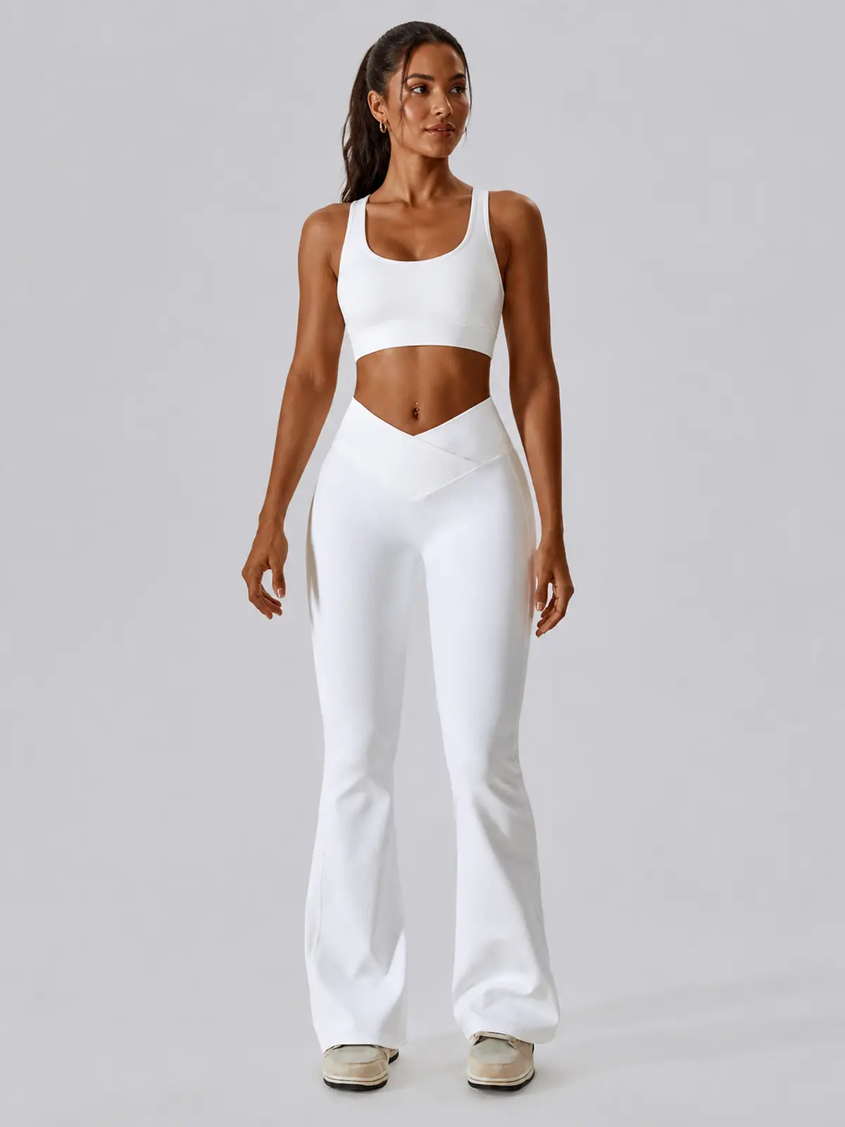 Verve Ledger High-Rise Crossover Flare Leggings — white — flare-leggings — authoritative variation match