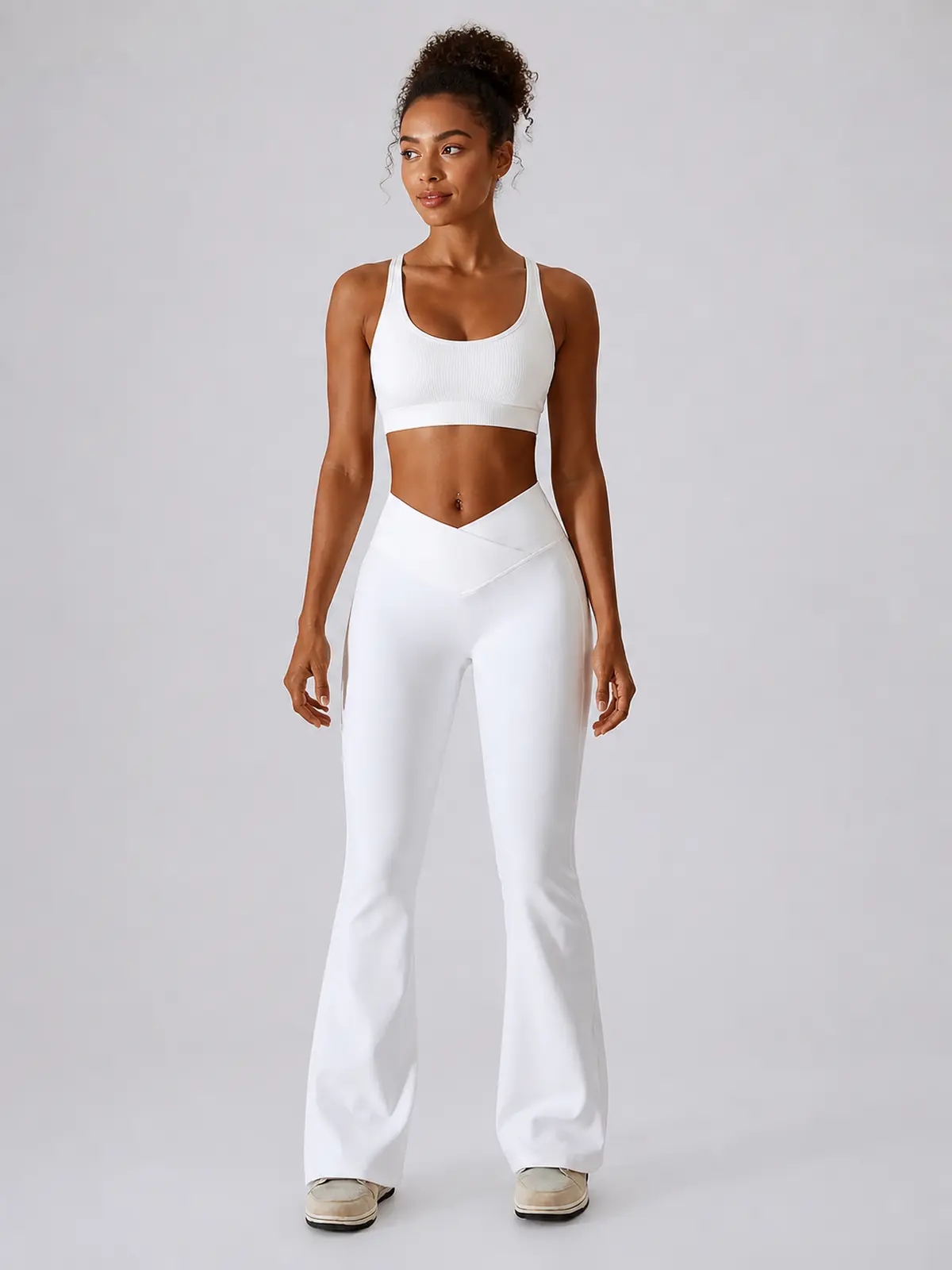 Verve Ledger High-Rise Crossover Flare Leggings — white — flare-leggings — authoritative variation match