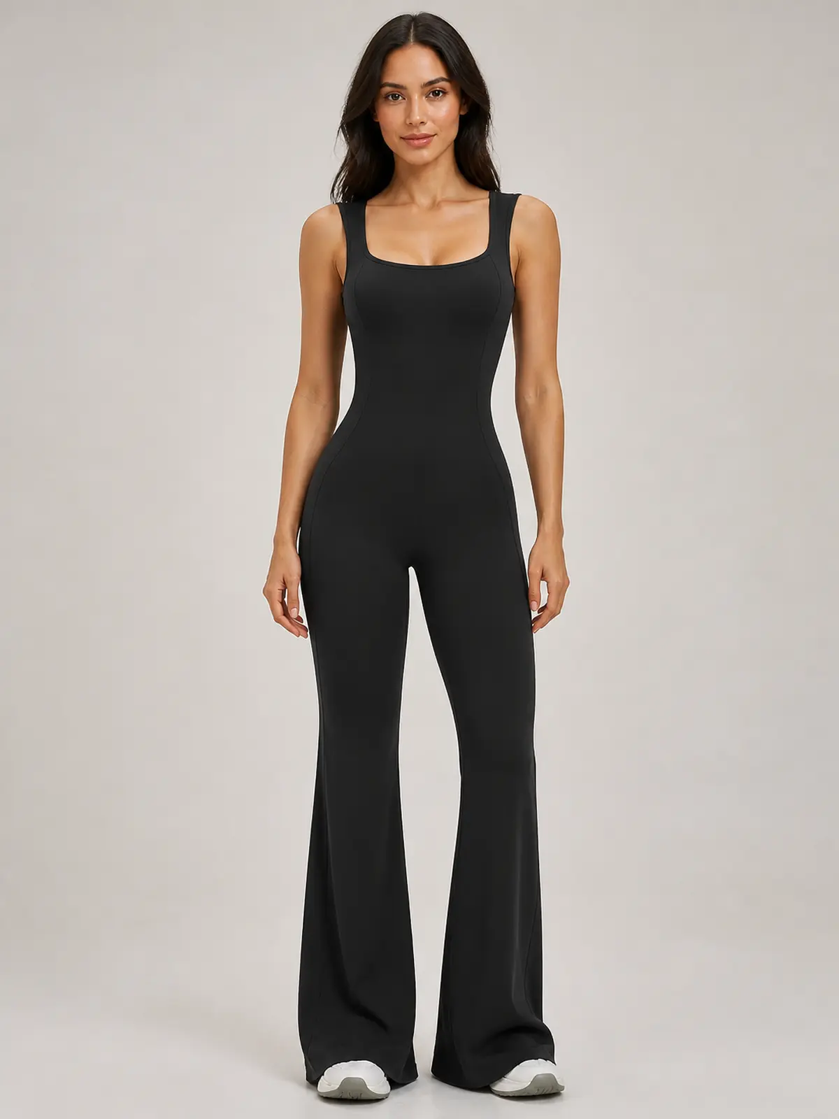 Vesper Arc Sleeveless Flared-Leg Yoga Jumpsuit — black — authoritative variation match