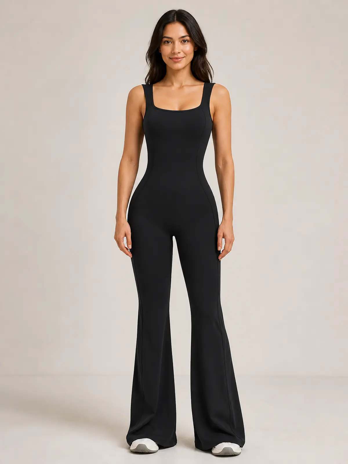 Vesper Arc Sleeveless Flared-Leg Yoga Jumpsuit — black — authoritative variation match