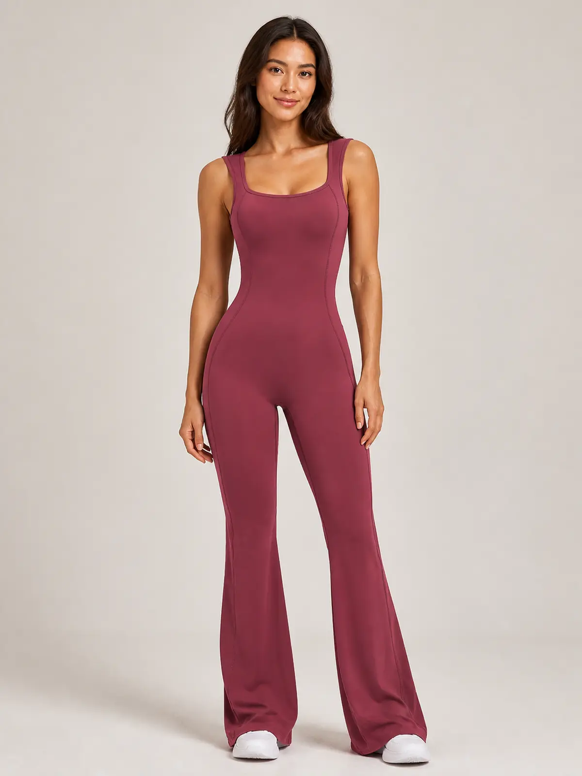 Vesper Arc Sleeveless Flared-Leg Yoga Jumpsuit — burgundy red — authoritative variation match