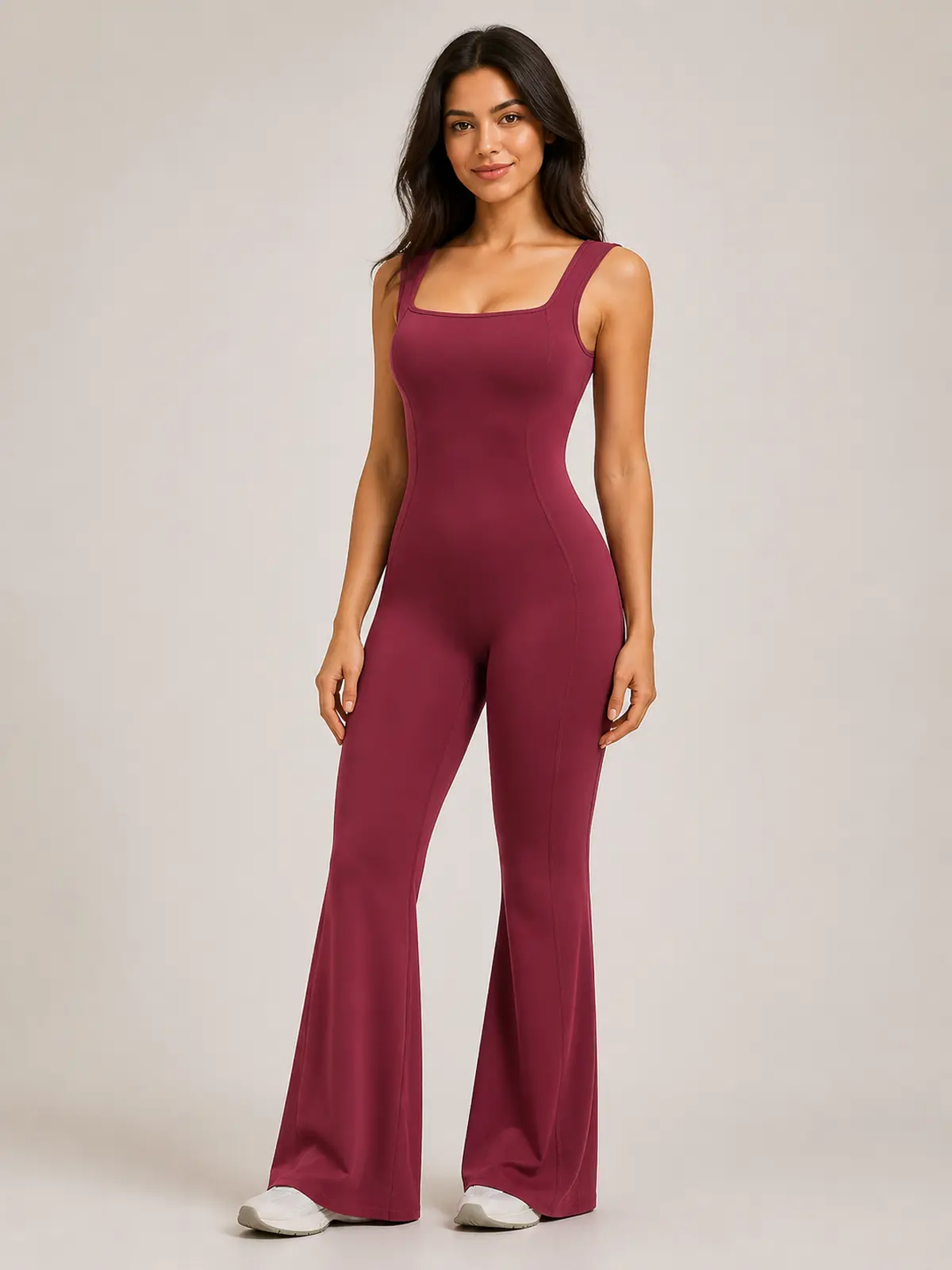Vesper Arc Sleeveless Flared-Leg Yoga Jumpsuit — burgundy red — authoritative variation match